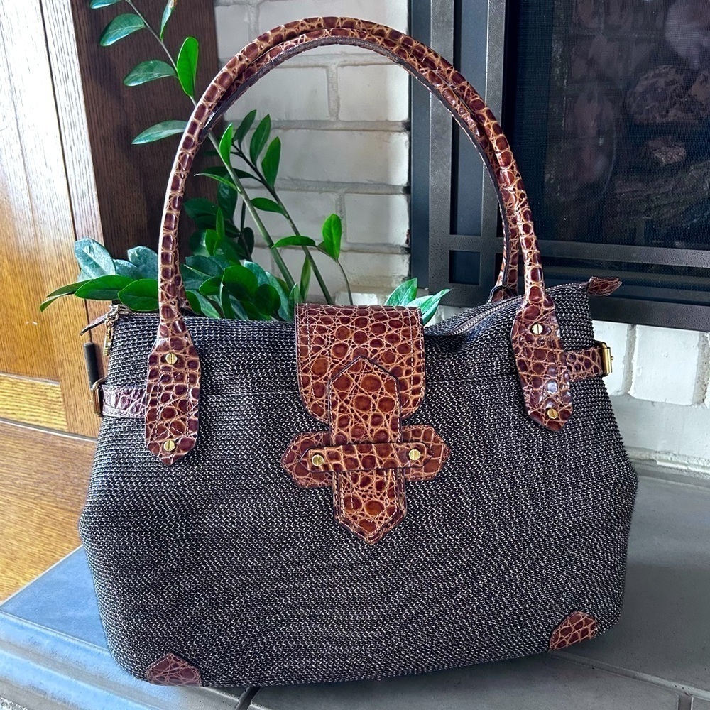 Eric Javits Large Squishee Woven Satchel Bag Croc Leather Trim Gold Hardware
